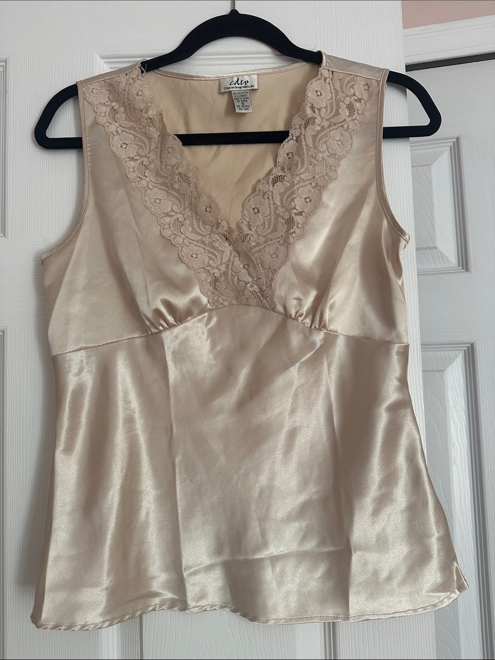 Satin Lace-Trim Cami in Champagne Beige
